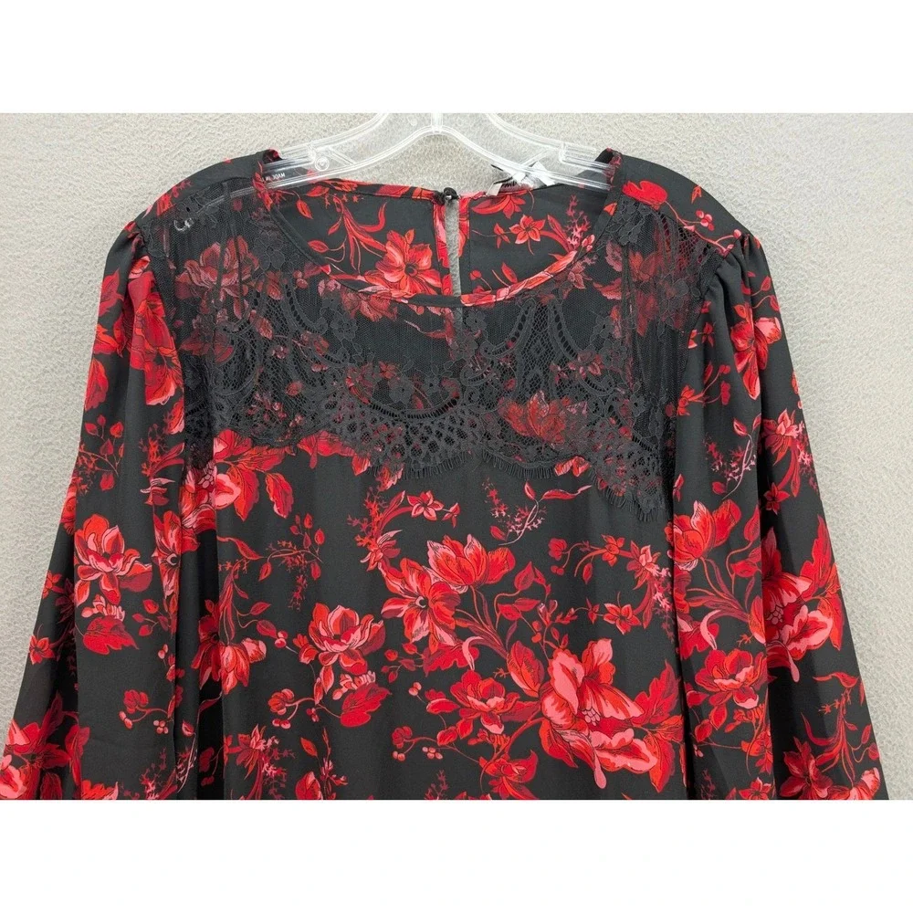 Carmen Marc Valvo Floral Long Sleeve Top Women's XL Black Red Lace Whimsigoth - Picture 4 of 12